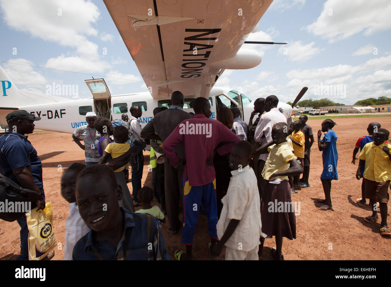 UN Humanitarian Air Services plane touches down at Agok airstrip, Abyei province, Sudan / South Sudan. Stock Photo