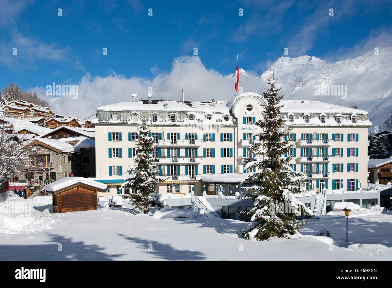 Hotel du Glacier in the Swiss Alpine village of Saas-Fee. Stock Photo