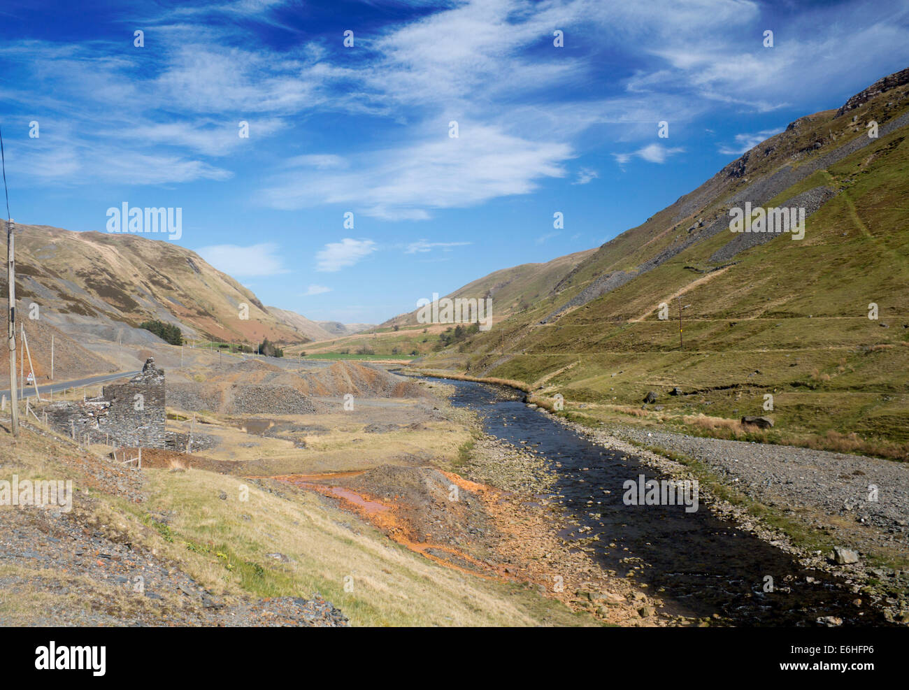 Cwmystwyth lead mine and valley mountain scenery behind Ceredigion Mid Wales UK Stock Photo