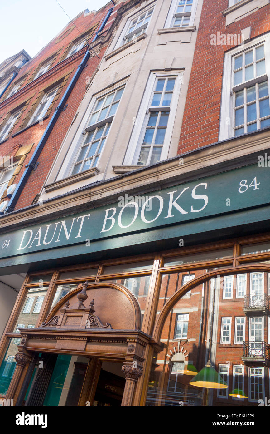 Daunt Books Independent travel book shop bookshop Marylebone High Street London England UK Buildings opposite reflected in windo Stock Photo