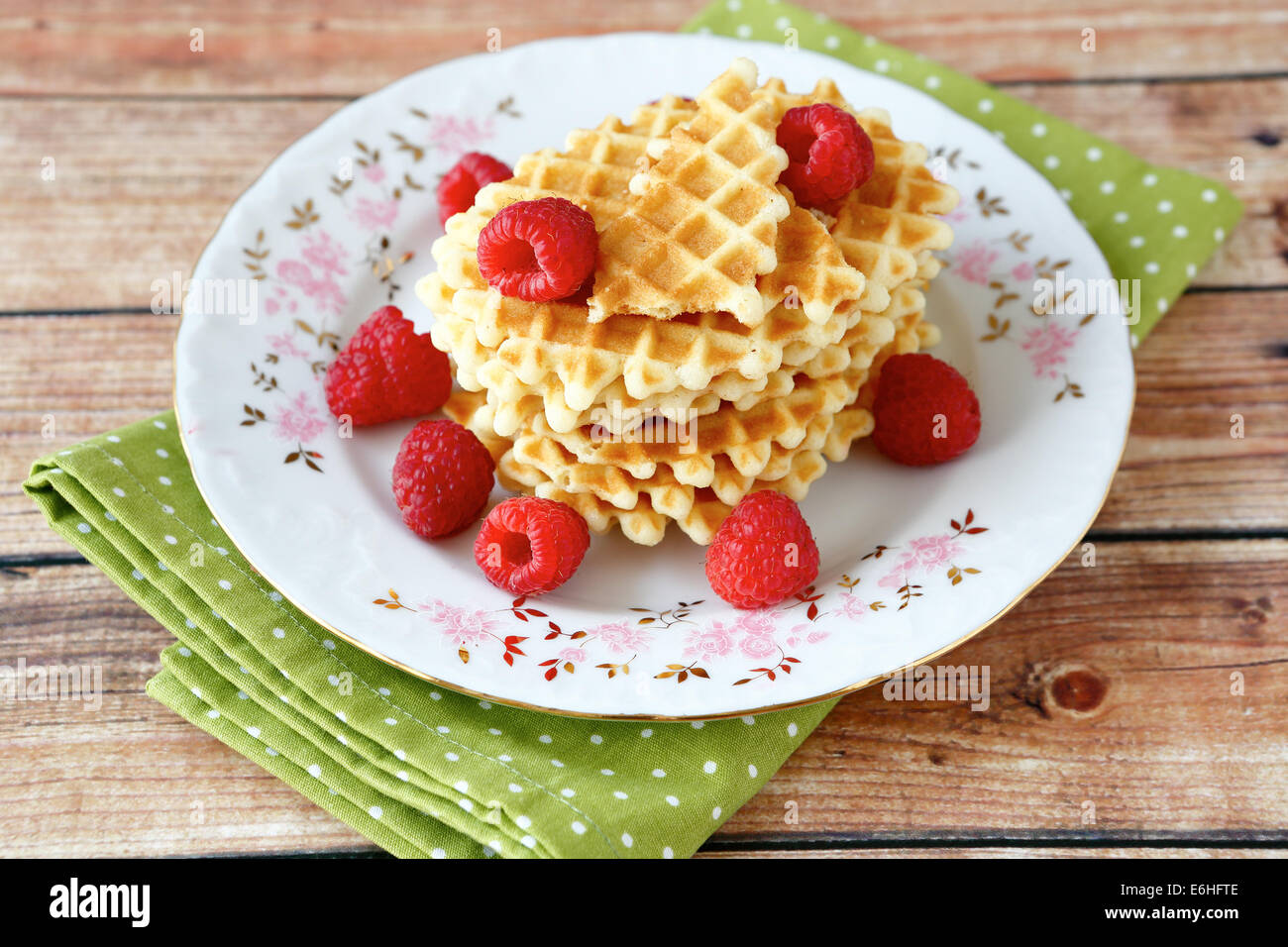 waffles with raspberries, food closeup Stock Photo