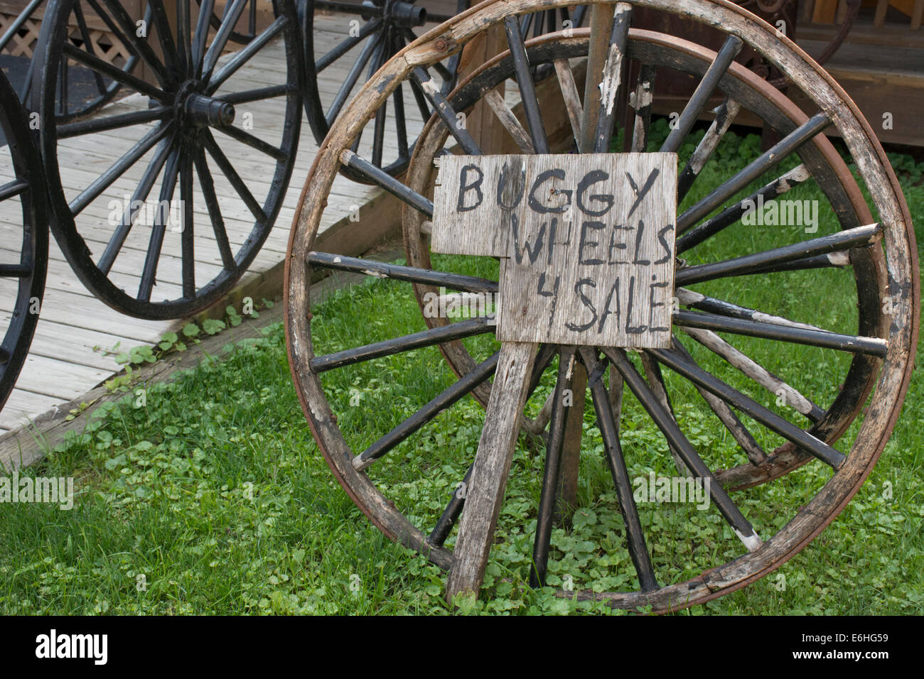 Ohio, Geauga County, Mesopotamia. Amish buggy wheels for sale Stock