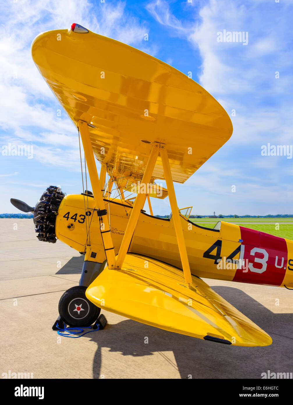 Wide-angle view of a Boeing Stearman E75 Kaydet (N2S-5) biplane, taken from the port wing-tip Stock Photo