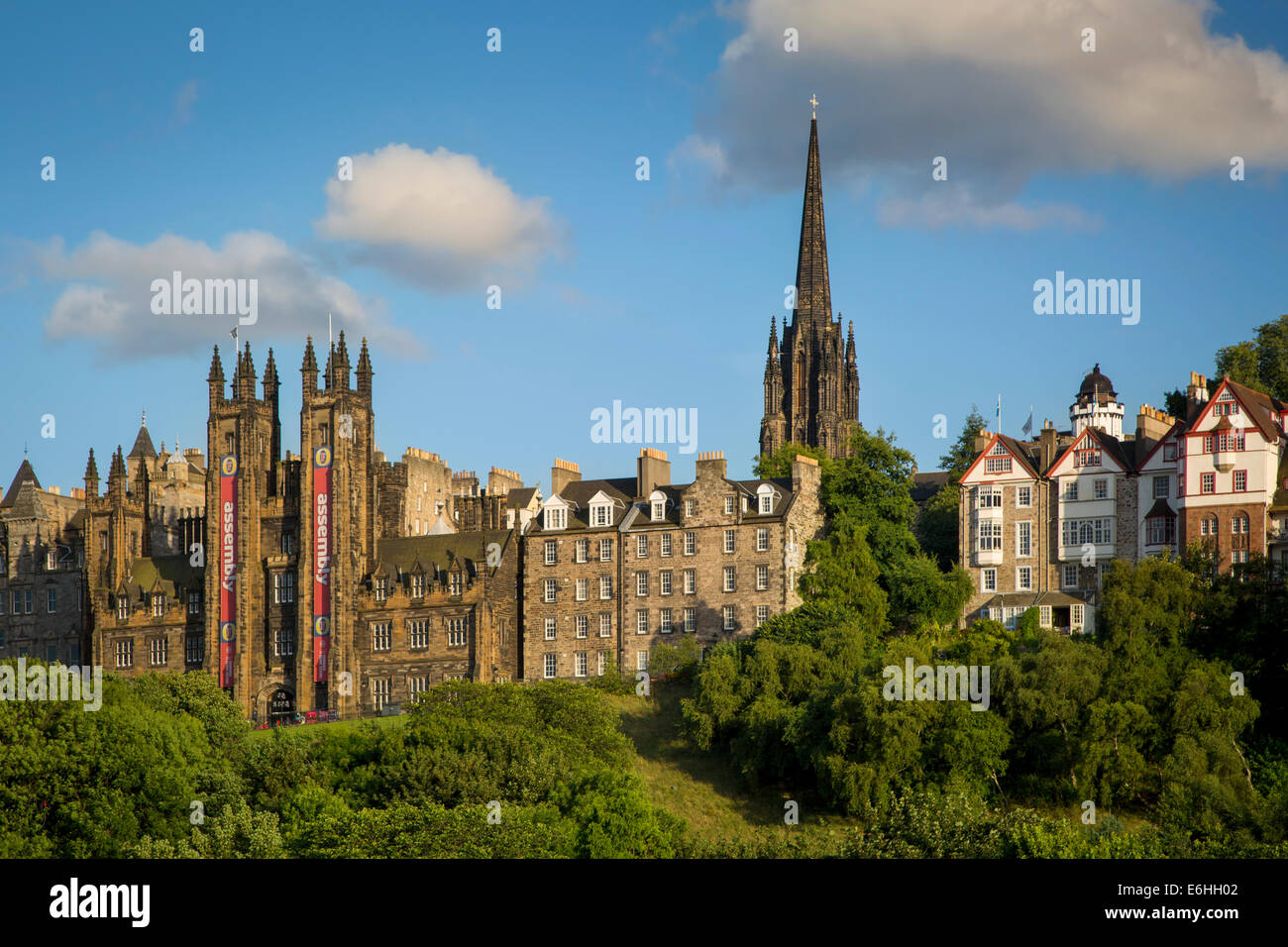 Church of Scotland and Tolbooth Church Towers rise above the buildings of old Edinburgh, Scotland Stock Photo