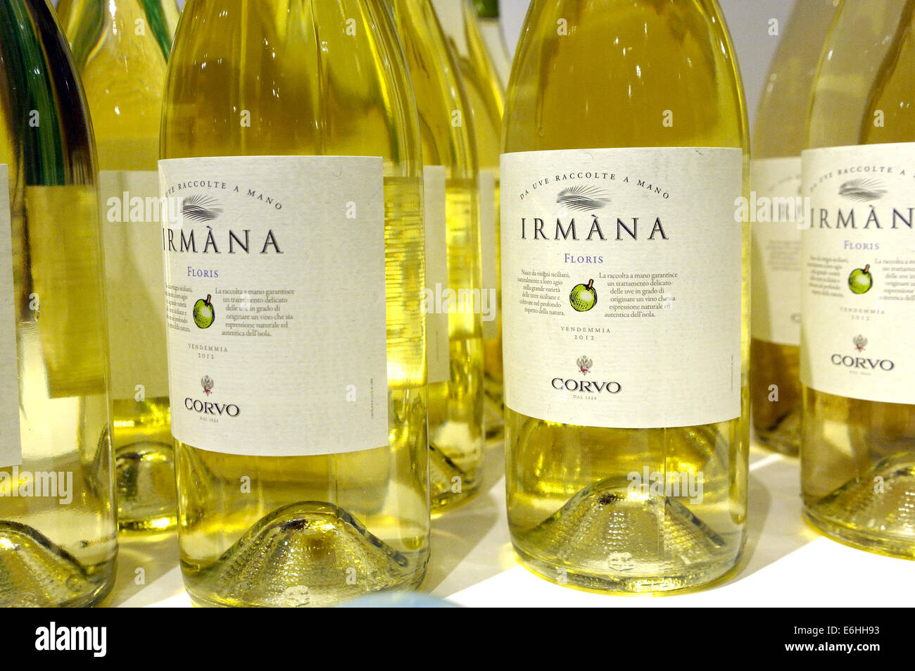 a bottles of Irmana white wine, Corvo label, Florio winery, Marsala Sicily Stock Photo