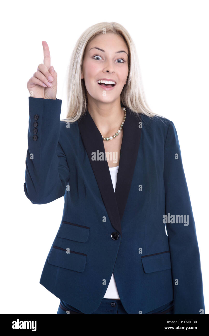 Blond attractive business woman has an good idea isolated over white background. Stock Photo