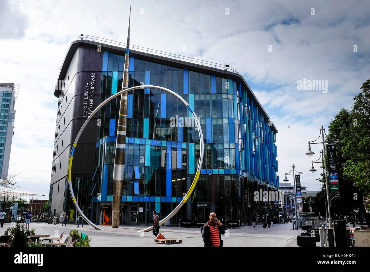 The Library in Cardiff City center showing the Alliance sculpture Stock