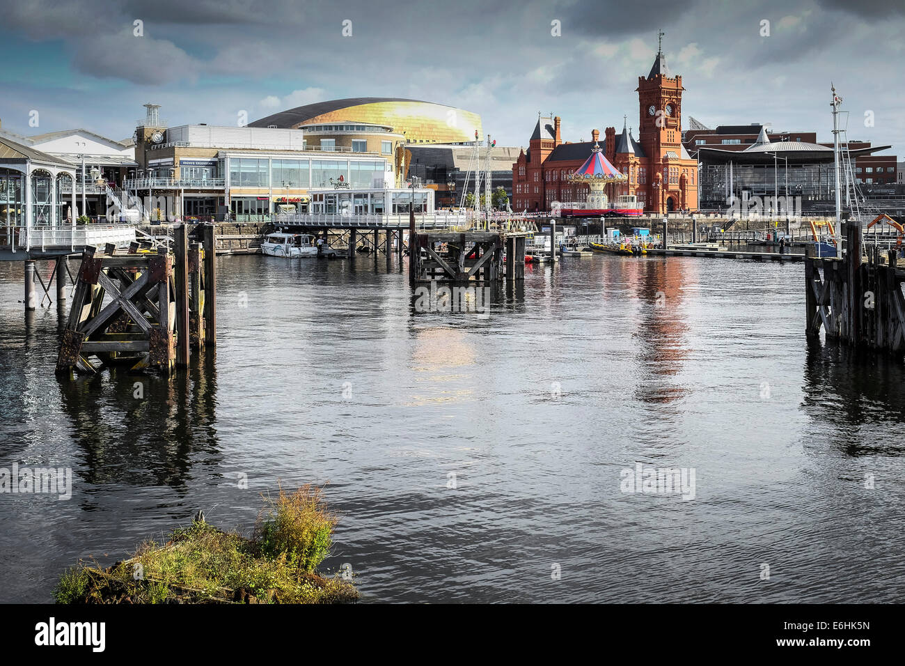 The remains of old wooden jetties in Cardiff Bay. Stock Photo