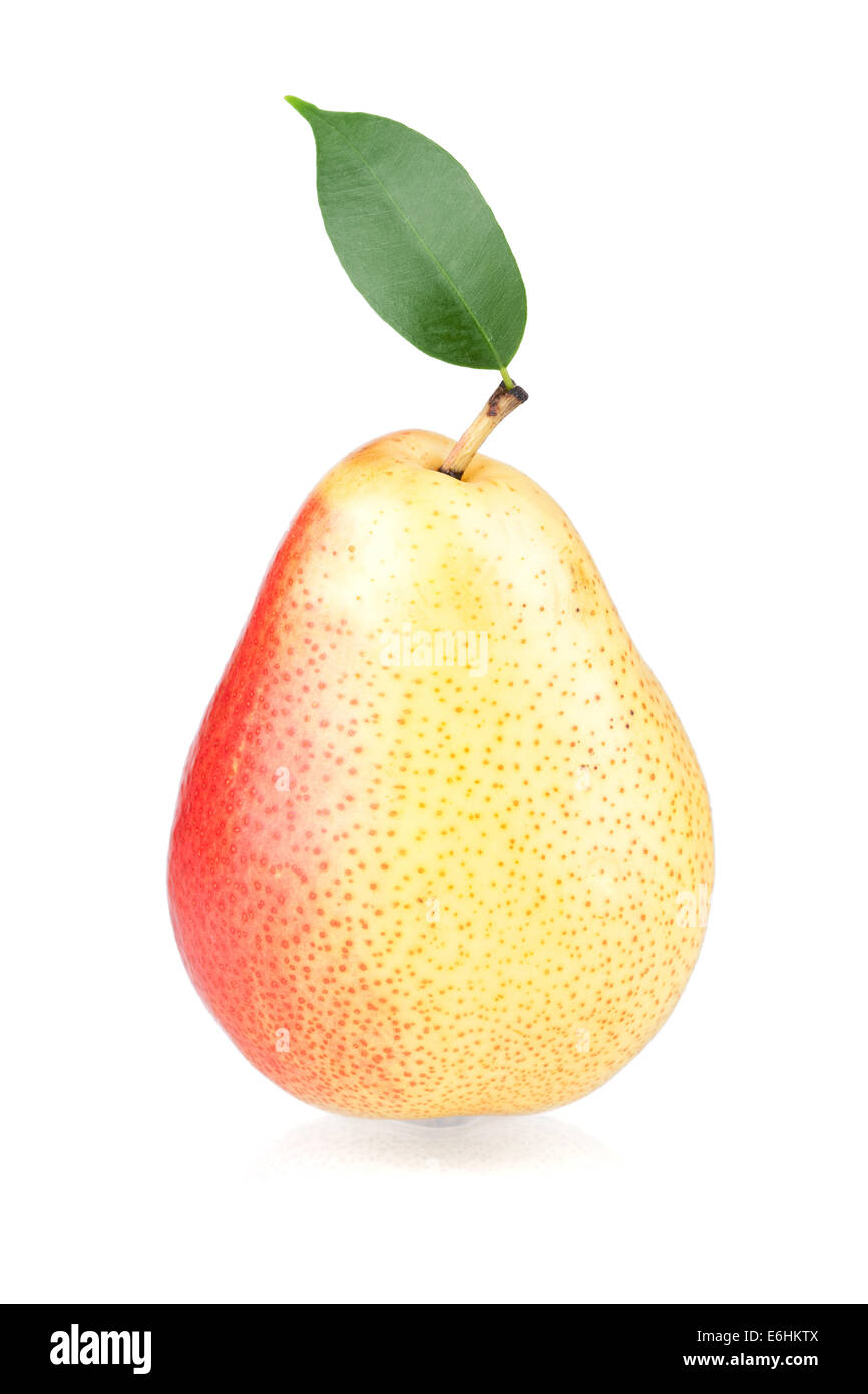 Ripe pear with green leaf. Isolated on white background Stock Photo - Alamy