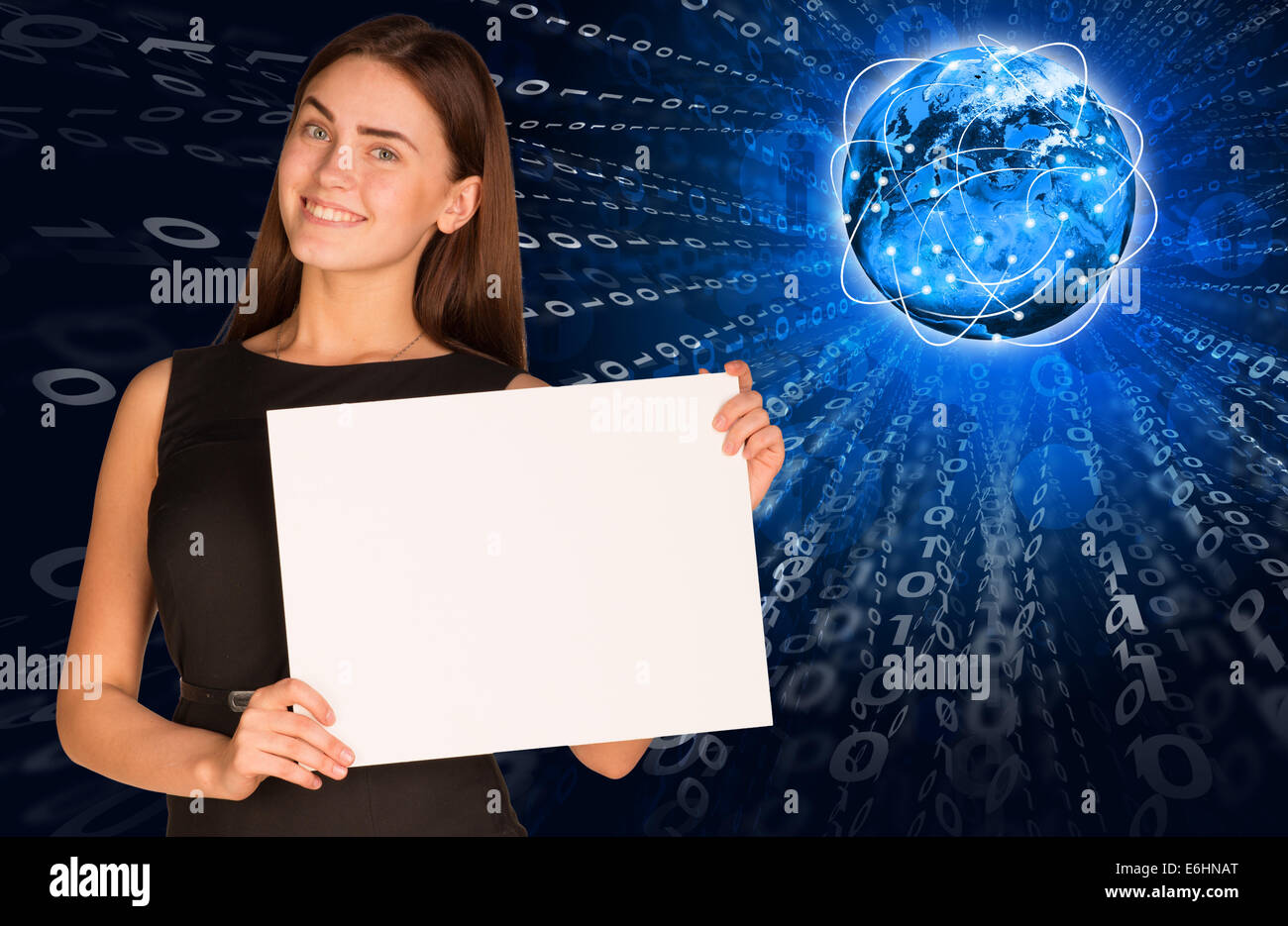 Businesswoman with glowing figures and Earth Stock Photo
