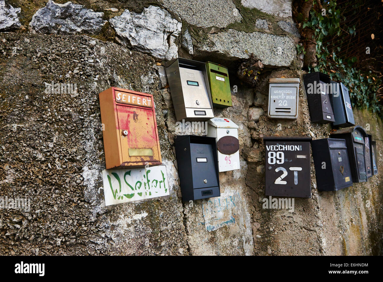 Old vintage mailboxes at The village of Pregasina, Lake Garda, Trentino Alto Adige, Italy. Stock Photo