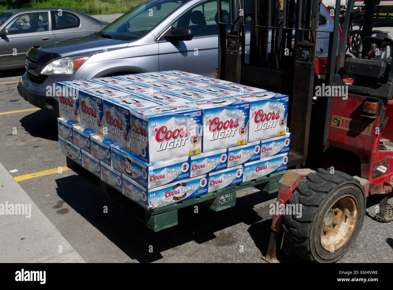 Boxes of Coors Light beer on a forklift Stock Photo