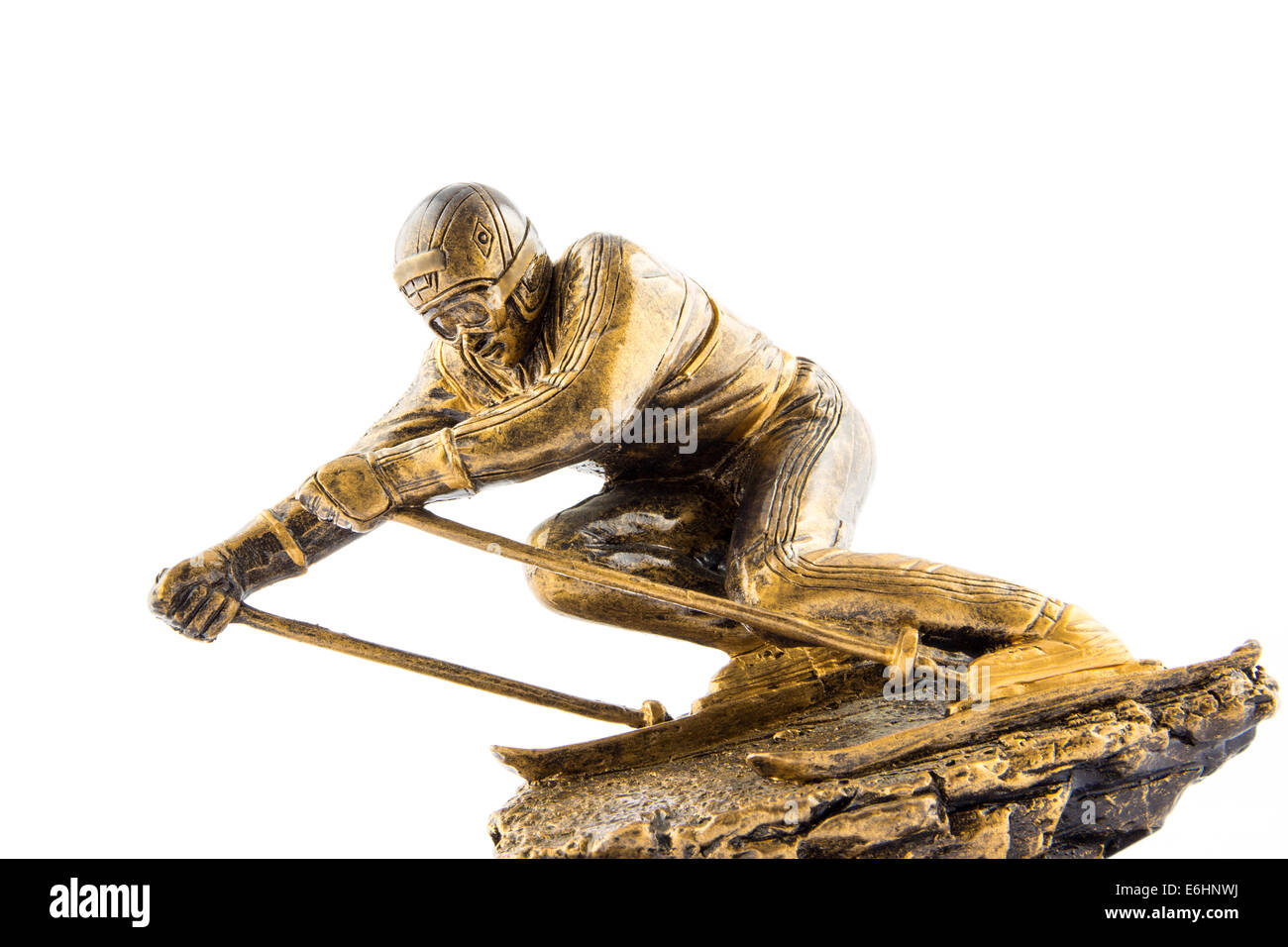 Gold ski champion statuette award isolated on white background Stock Photo