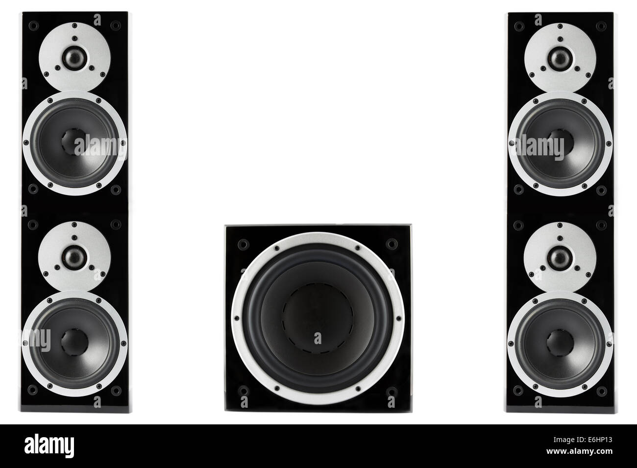 Pair of black high gloss music speakers and subwoofer isolated on white background Stock Photo