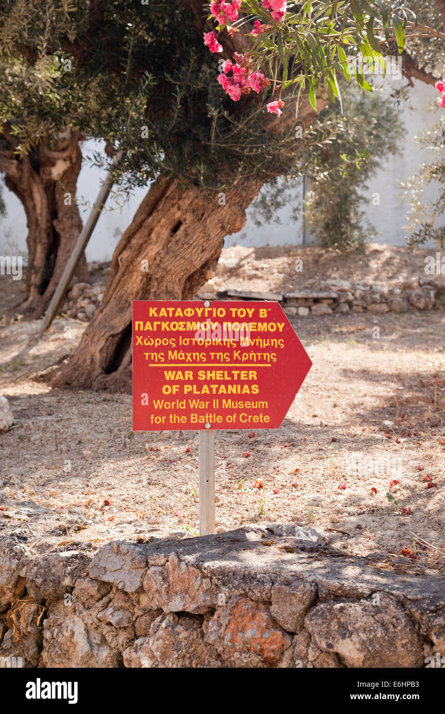 The sign to the War shelters of Platanias, World War II Museum for the Battle of Crete, Platanias, Crete, Greece Stock Photo