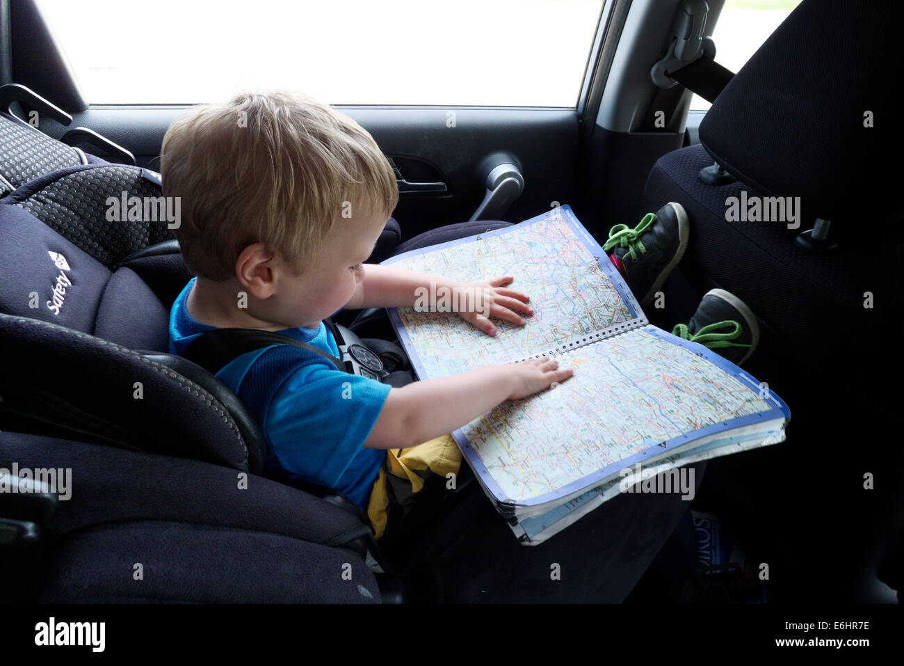 A young boy reading a map in a car seat Stock Photo