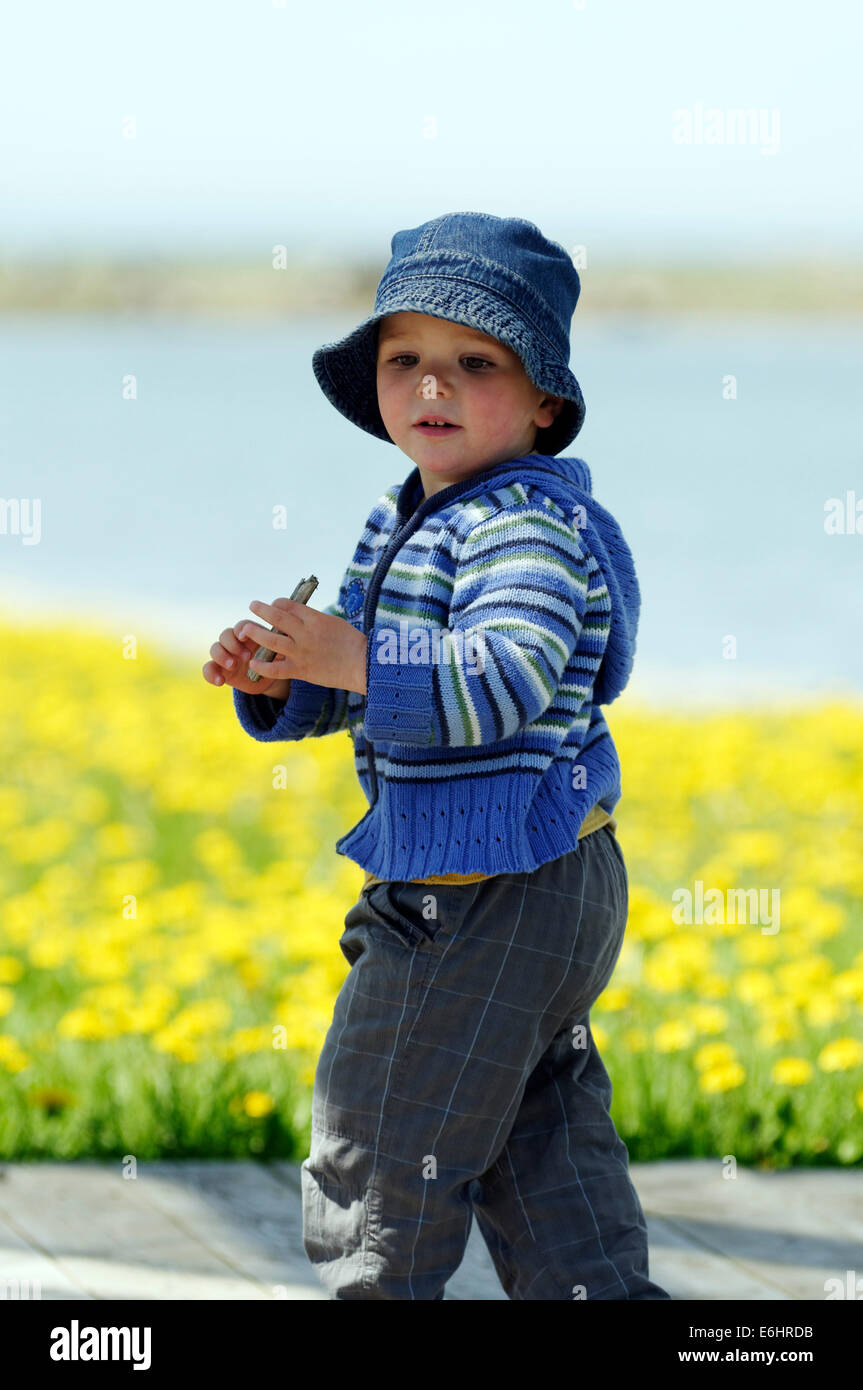 A young boy stood by a field of flowers near the sea Stock Photo