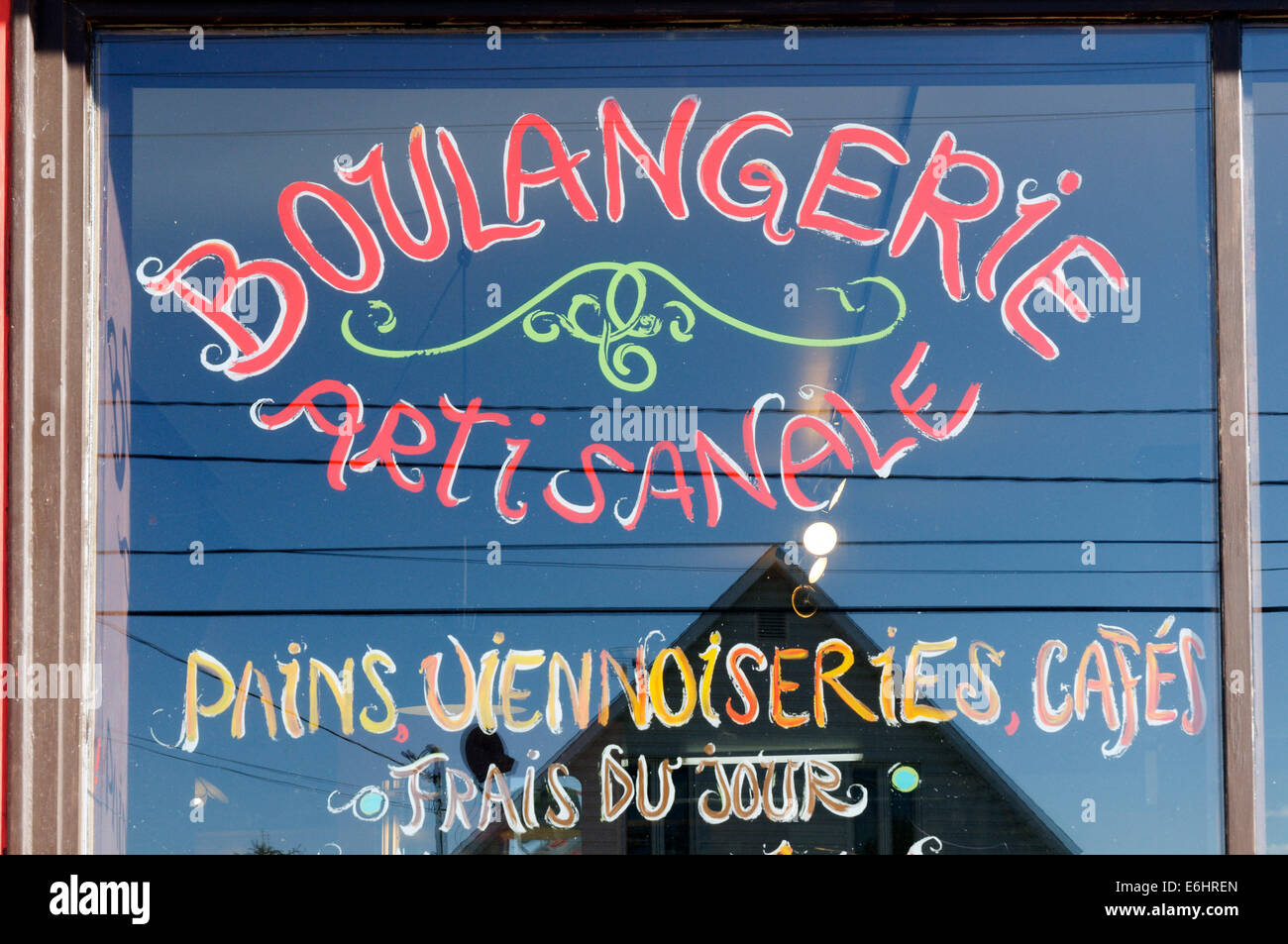 Shop window of an independent craft bakery in Quebec, a boulangerie artisanale Stock Photo