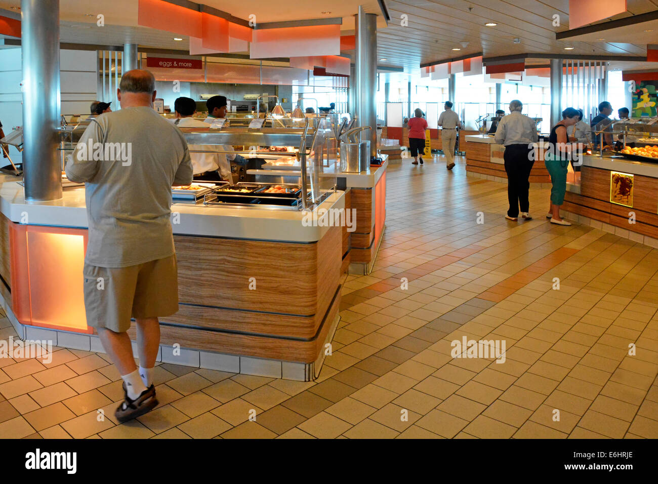 Cafeteria deck with breakfast buffet style self service food counters