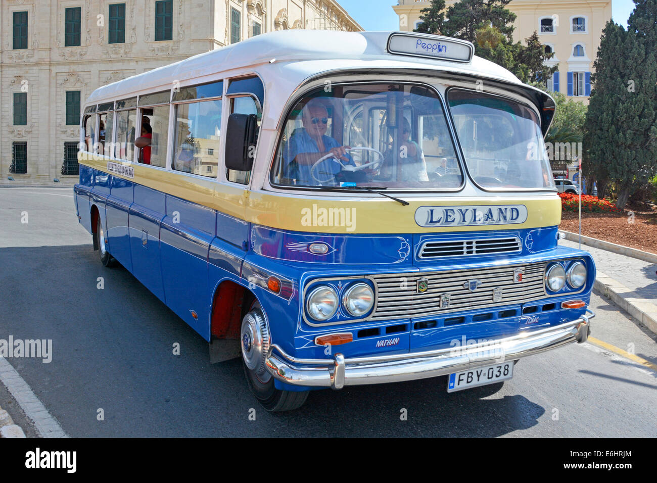 Preserved old blue Malta bus built by Leyland running a tourist excursion in Valletta Malta Europe Stock Photo