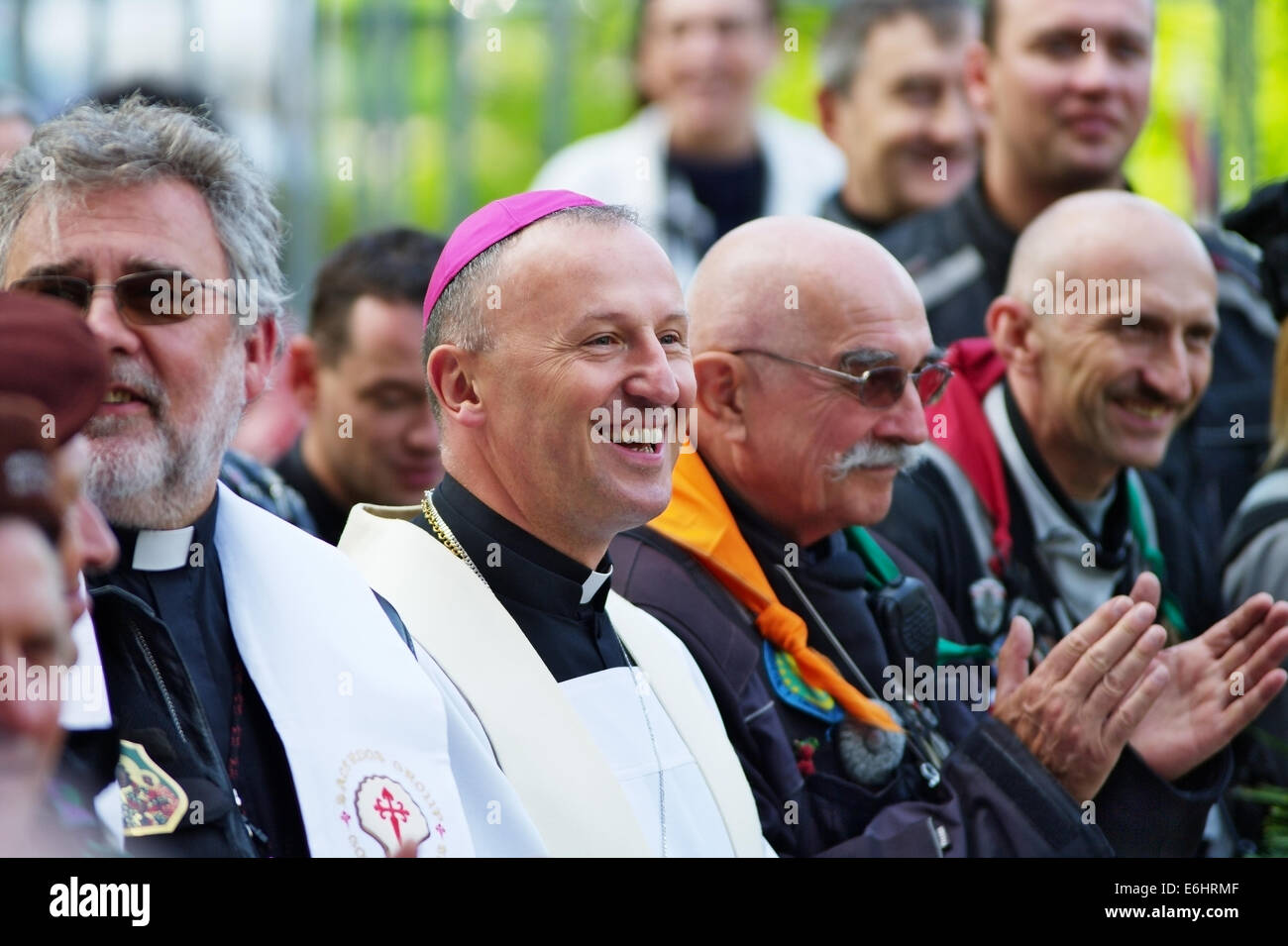 Marek Solarczyk, auxiliary Bishop of Warsaw-Praga diocese, greets participants of the 14th International Motorcycle Katyn Rally. Warsaw, Poland. Stock Photo