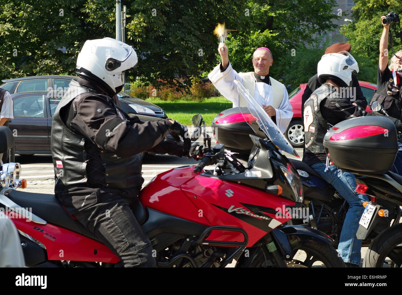 Marek Solarczyk, auxiliary Bishop of Warsaw-Praga diocese, blesses participants of the 14th International Motorcycle Katyn Rally. Warsaw, Poland. Stock Photo