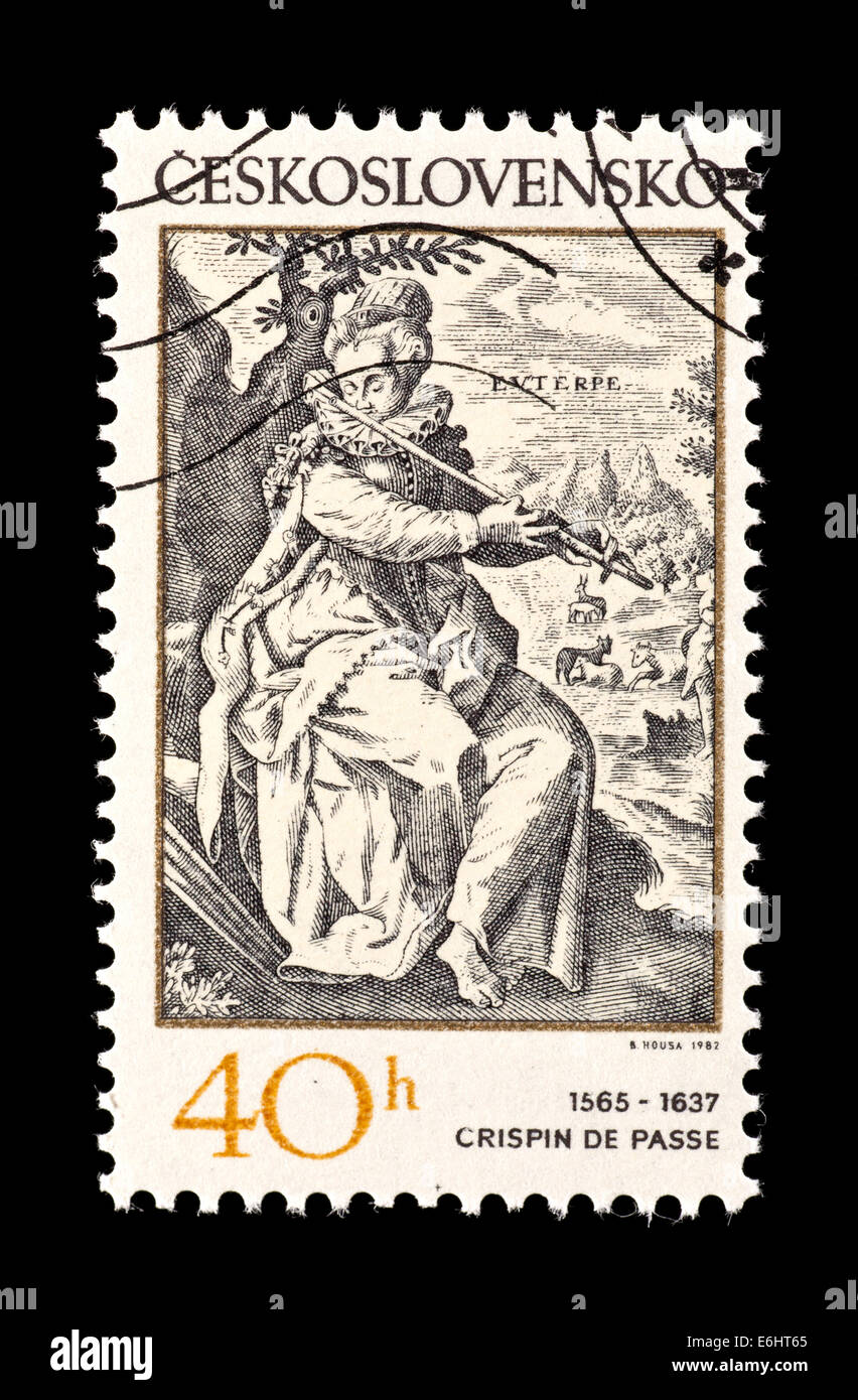 Postage stamp from Czechoslovakia depicting the Crispin de Passe engraving 'The Muse Euterpe Playing a Flute' Stock Photo