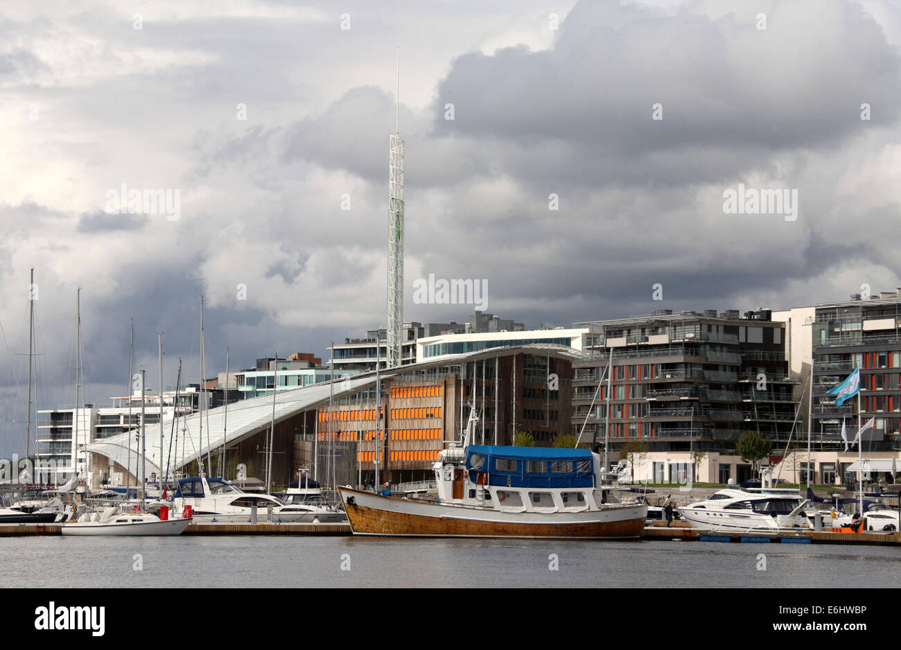 Tjuvholmen urban renewal on the Oslo waterfront with the Astrup Fearnley Art Museum and The Sneak Peak glass elevator. Stock Photo