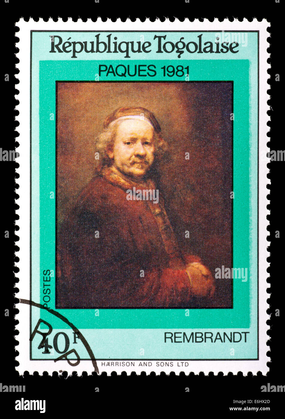 Postage stamp from Togo depicting a self-portrait of Rembrandt. Stock Photo