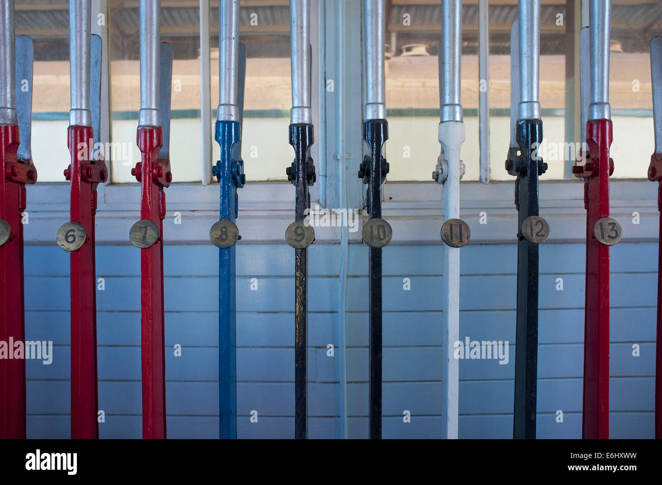 Old signal box points levers at the Bassendean Railway Museum in Western Australia. Stock Photo