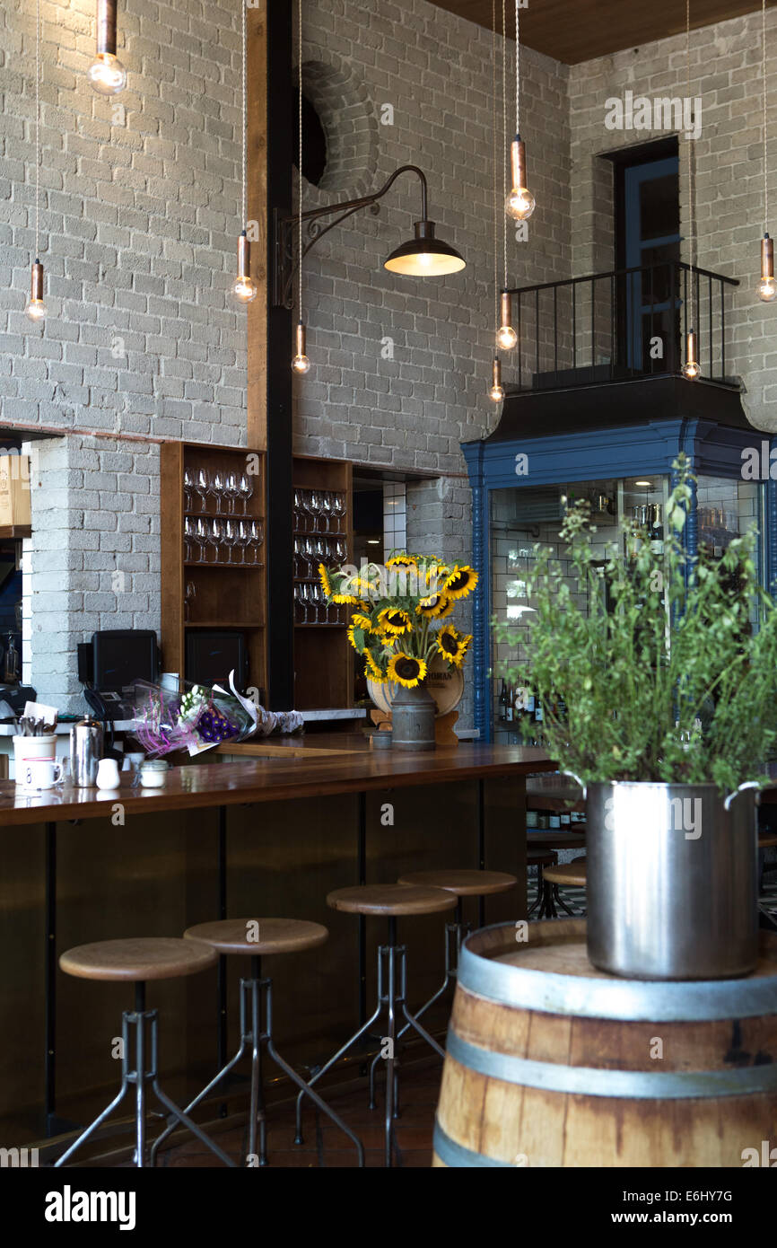Bar and barstools at modern, trendy restaurant in Los Angeles Stock