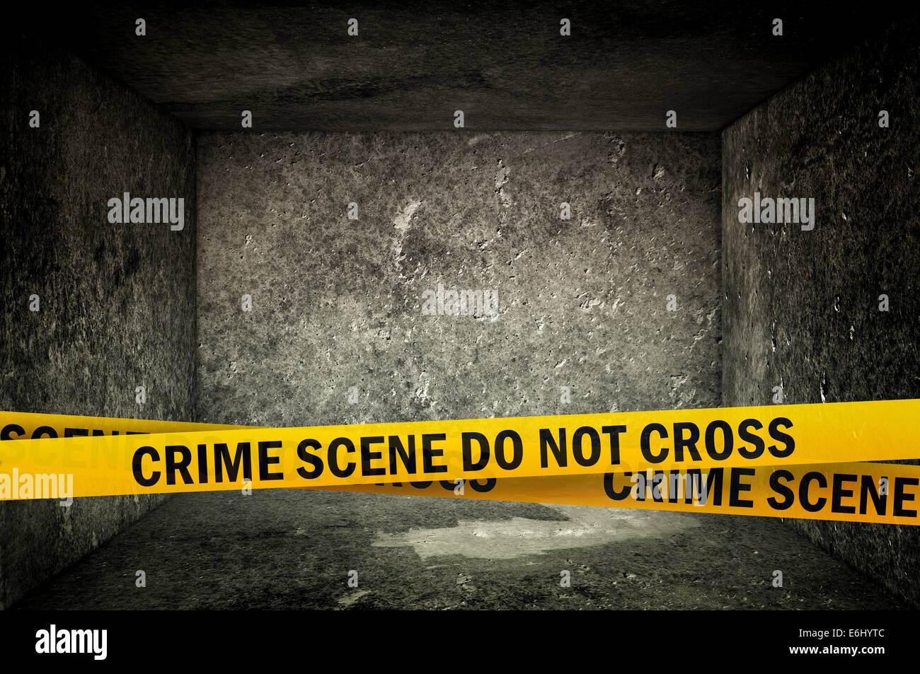 Crime Scene Do Not Cross Yellow Headband Tape in dark concrete interior