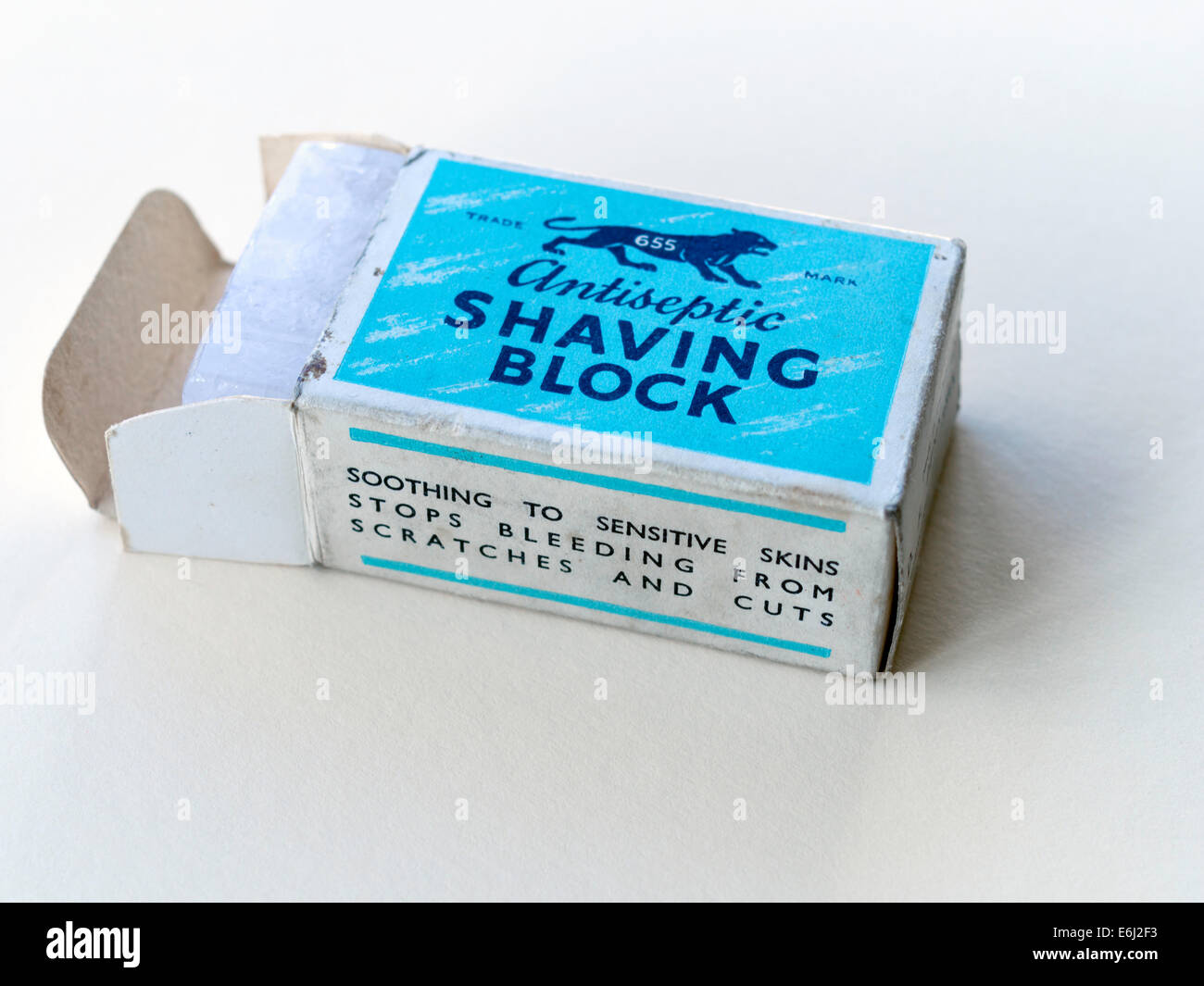 Antiseptic block for use after shaving to soothe sensitive skin and to stop bleeding from scratches and cuts date 1967 box open Stock Photo