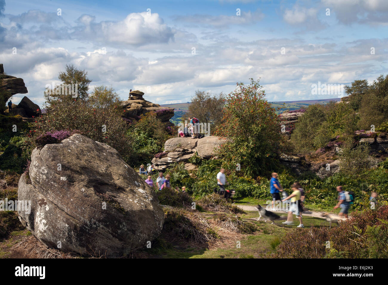 People at Brimham Rocks; Brimham Crags a collection of balancing natural rock formations sculpted over centuries by ice, wind and rain in the North Yorkshire Dales. holidaying active kids and visiting tourists at the National Trust Site making a great day out for families and climbers enjoying  a peculiar set of rock formations composed of millstone grit shaped by wind and weather Stock Photo