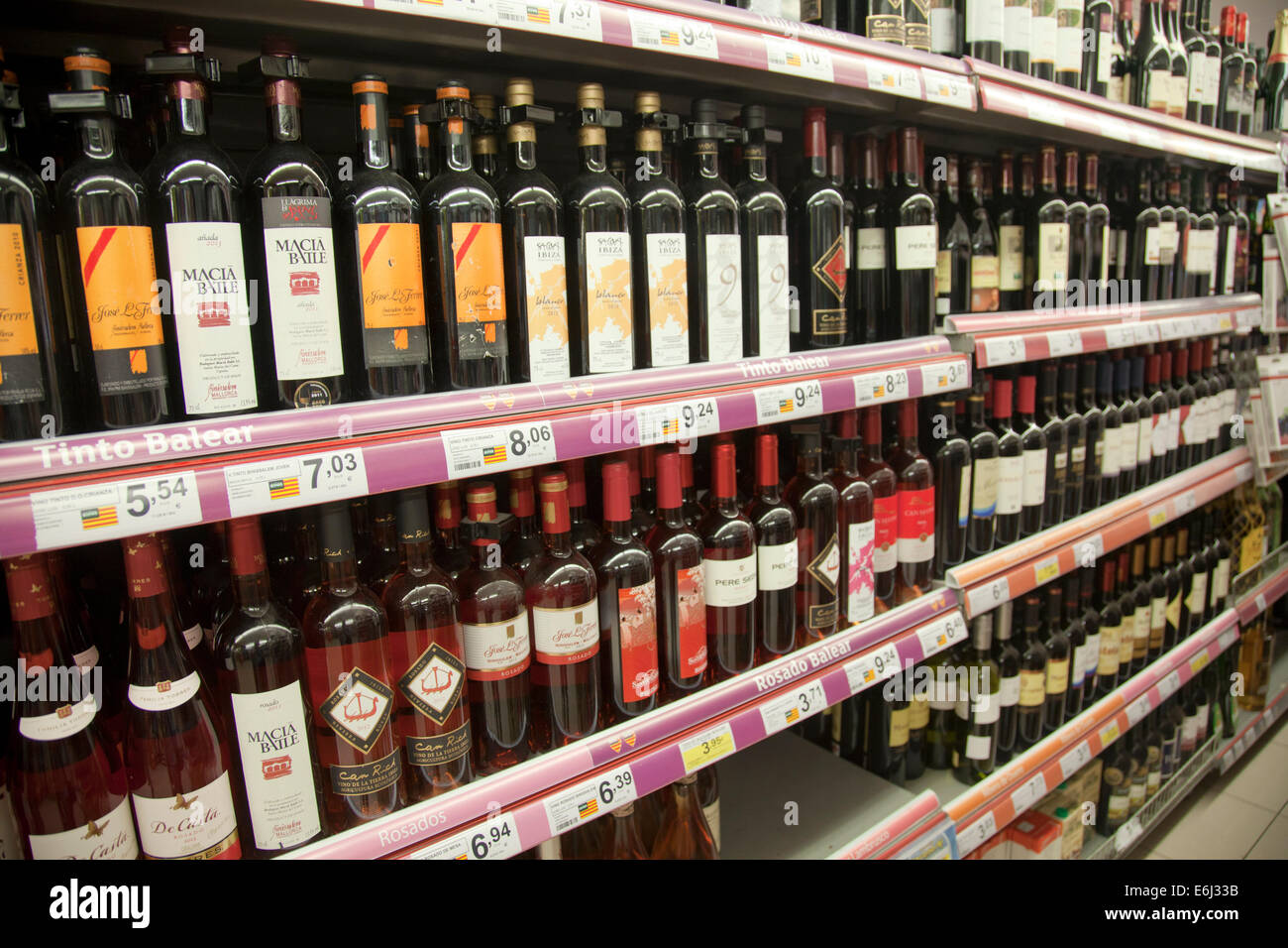 Spanish Wines on Display for Sale in Eroski Supermarket in Figueretas in Ibiza Stock Photo