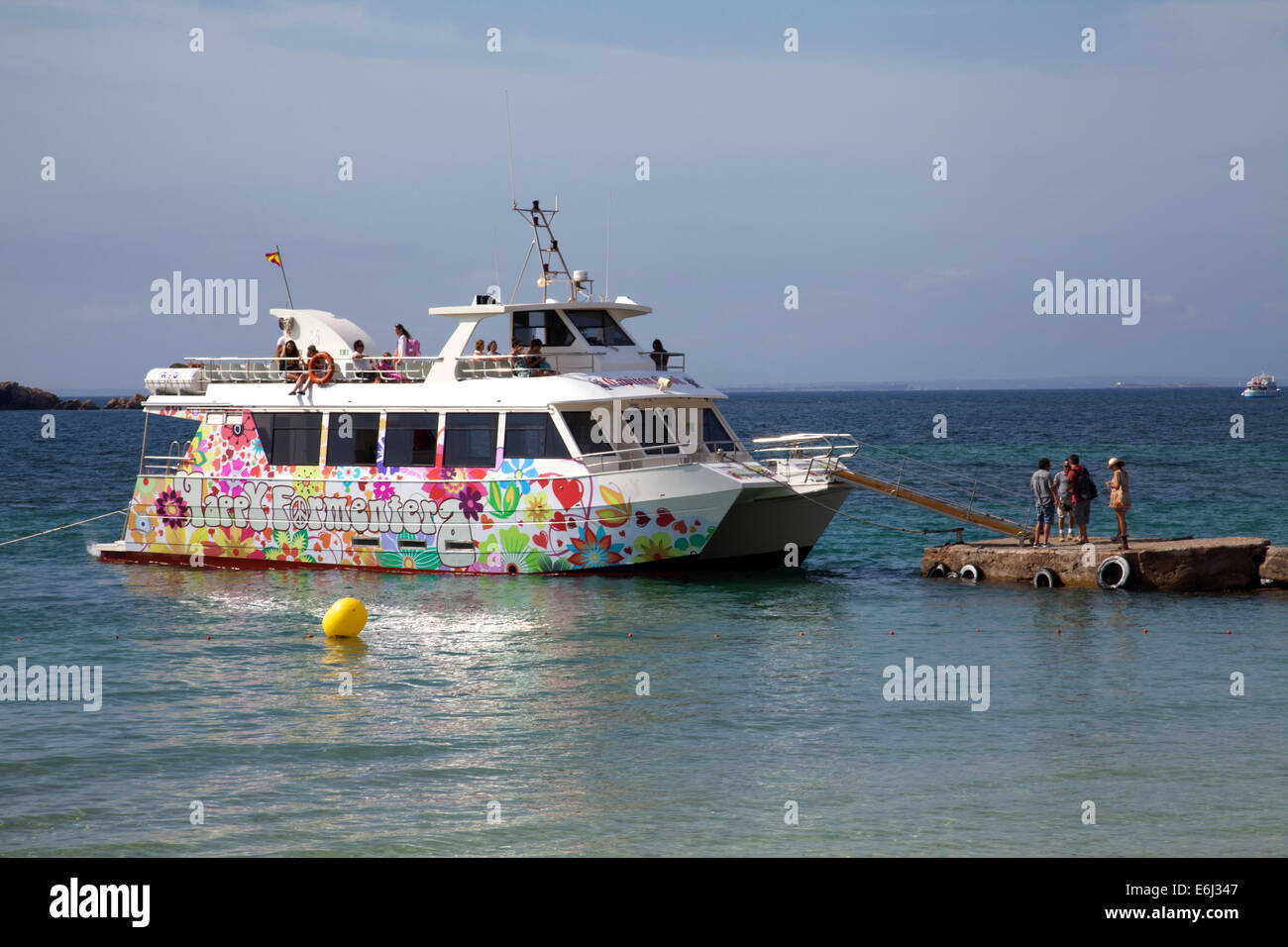 Happy Formentera Boat at Figueretas for Excursion to Formentera - ibiza Stock Photo
