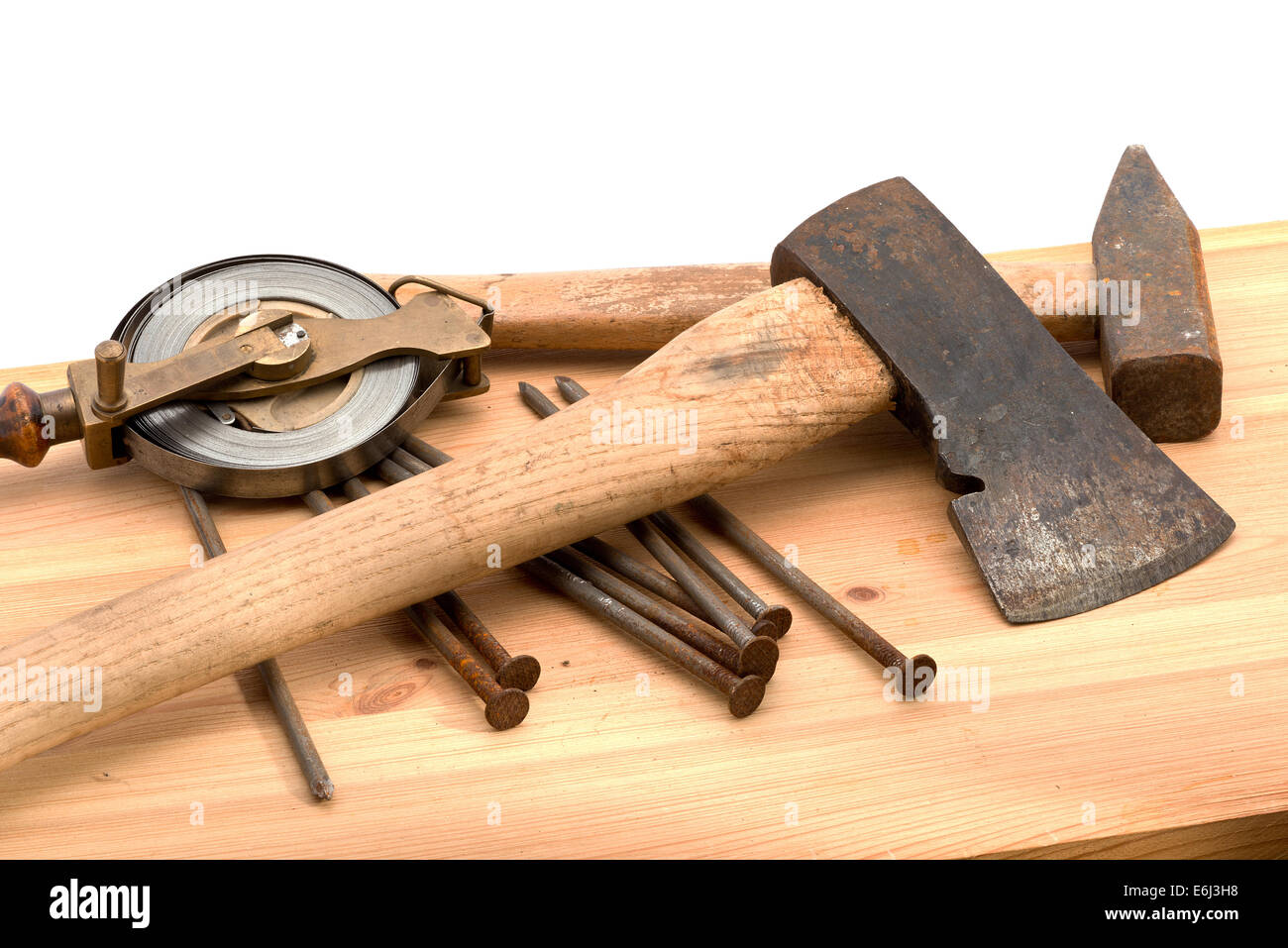 old used tools on the wooden desk Stock Photo