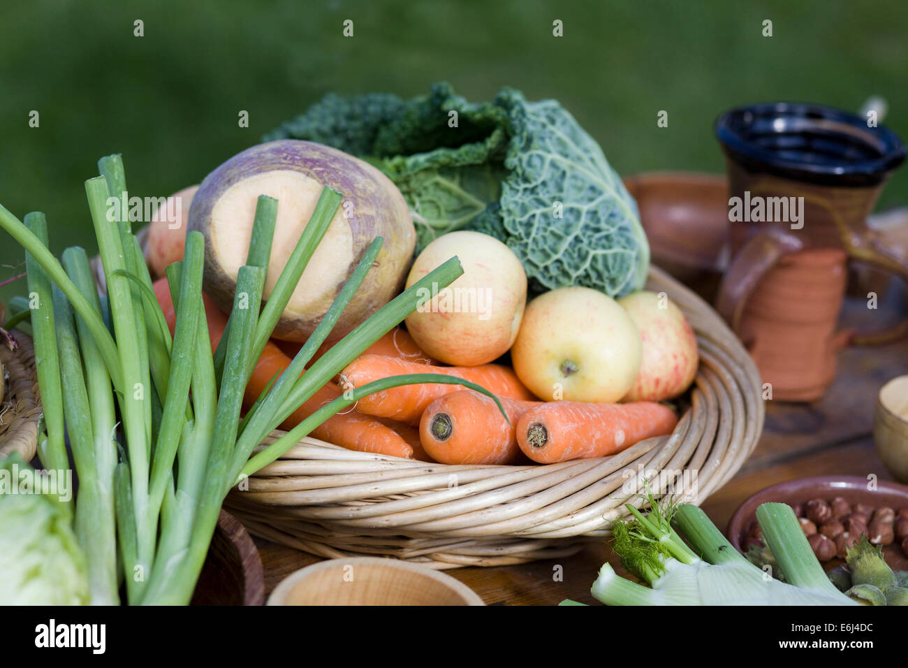 Table filled with a Banquet of Medieval foods Stock Photo