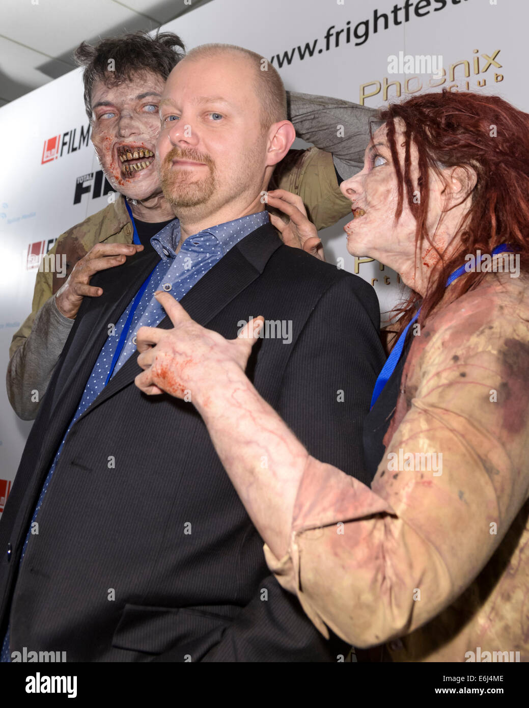 The 15th Film4 Frightfest on 24/08/2014 at The VUE West End, London. The UK premiere of Doc of the Dead, the director attends with 2 zombies. The zombies were provided by Zed Events, each actor was in make-up for 4.5 hours using a standard of prothetics that was used int he film World War Z. Persons pictured: Alexandre O. Philippe. Picture by Julie Edwards Stock Photo