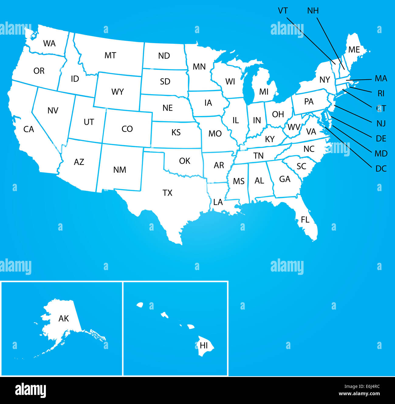 An Illustration of Map of the USA with name of each states Stock Photo