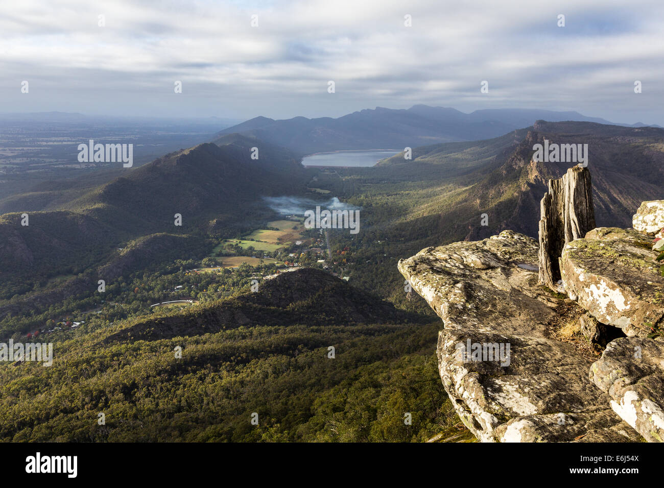 A view of Grampians National Park and Halls Gap from Baroka Lookout in Australia. Stock Photo