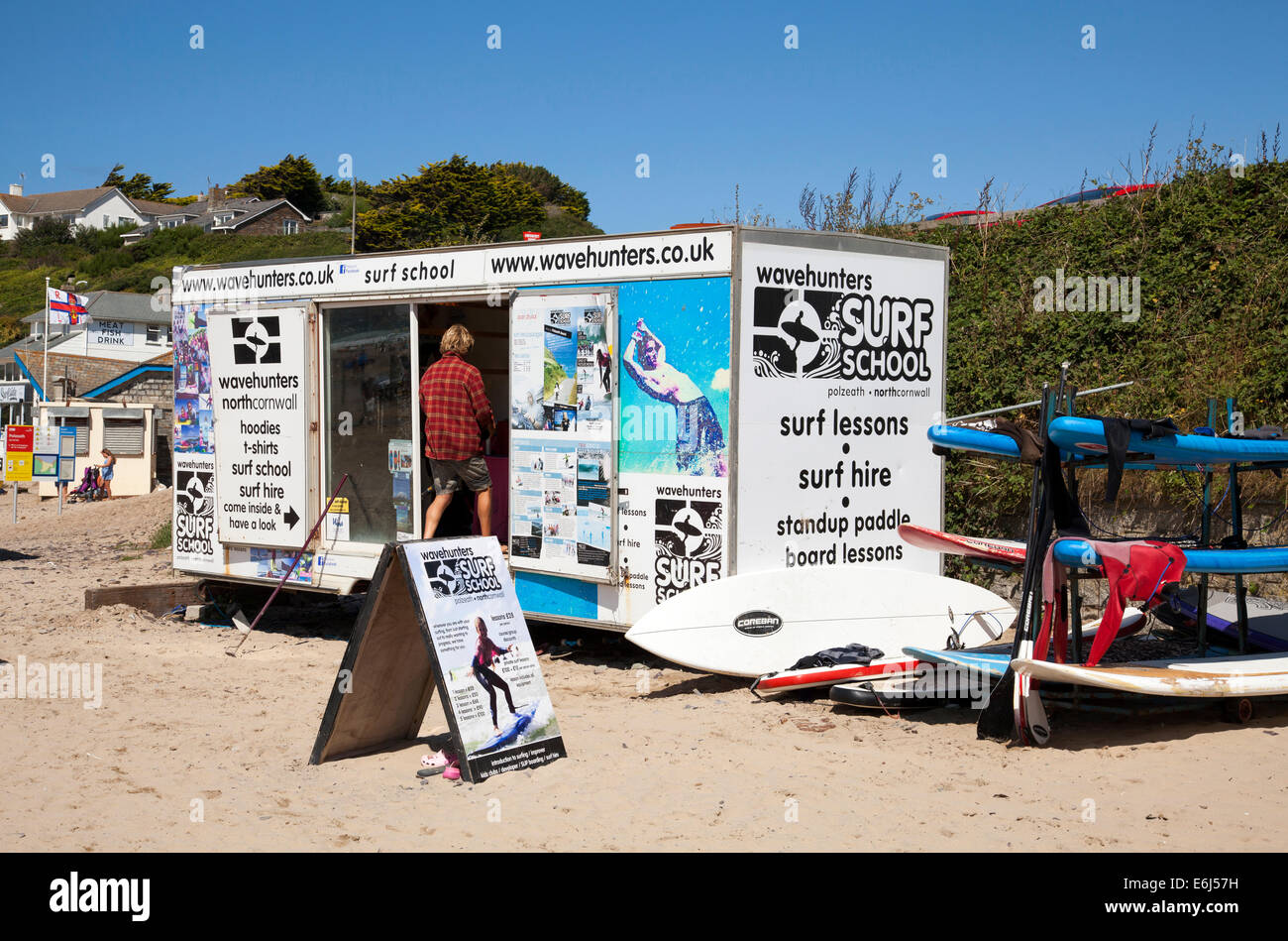 Wavehunters surf school, Polzeath Beach, Cornwall, England, U.K. Stock Photo