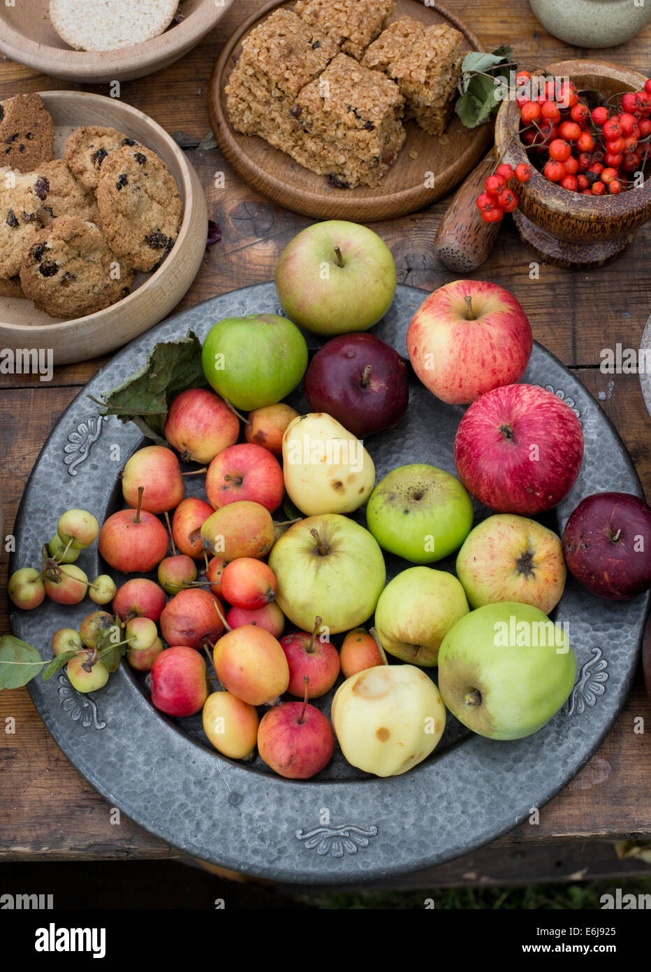 Table of medieval food at a historical re enactment Stock Photo