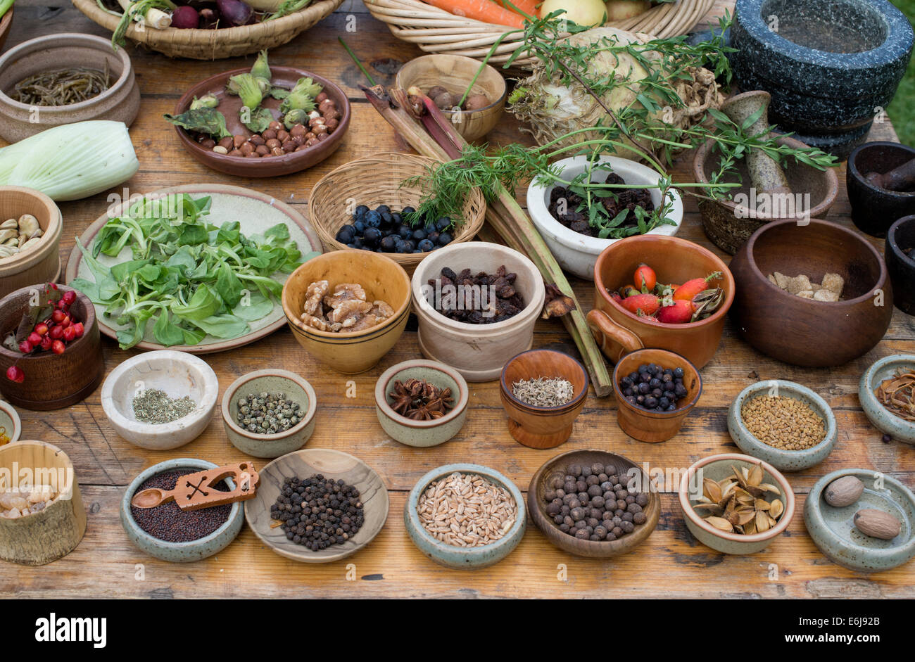 Table of medieval food including nuts seeds berries vegetables and