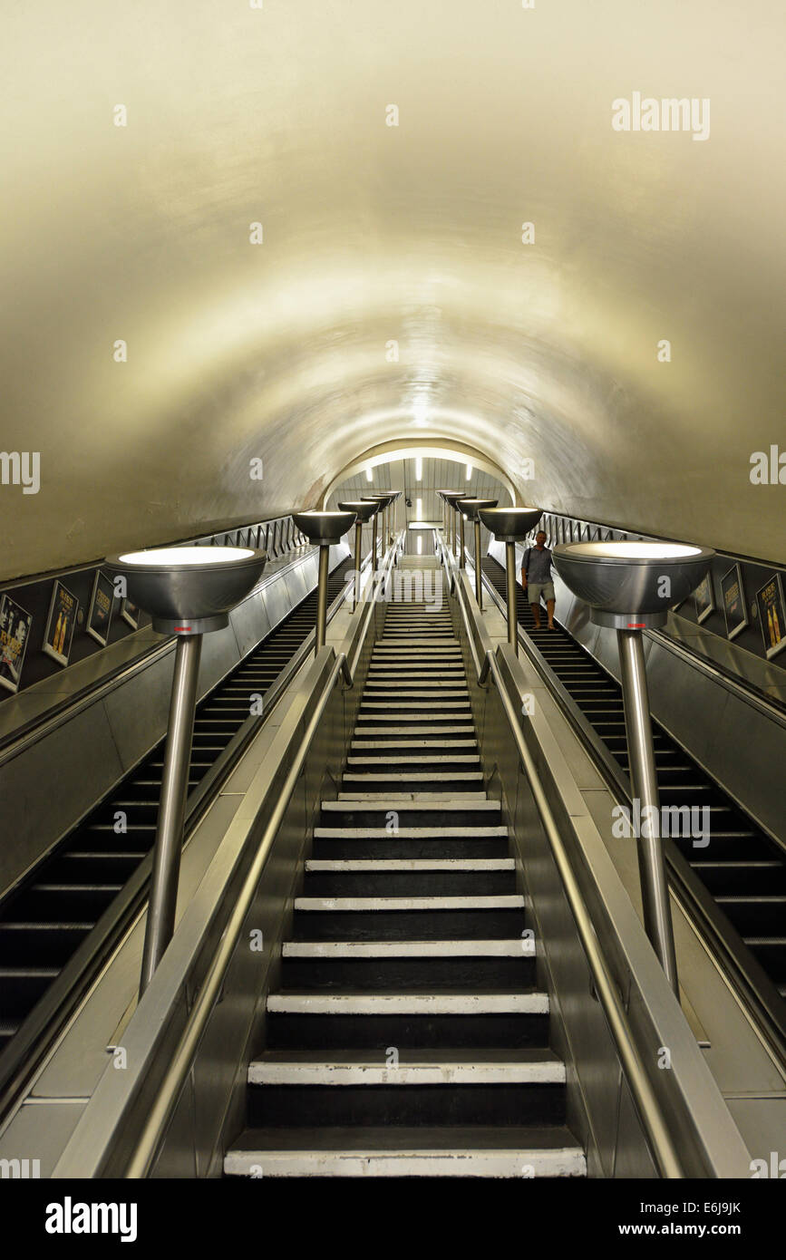 Art Deco Tube underground subway station escalators, Clapham Common, London SW4, United Kingdom Stock Photo