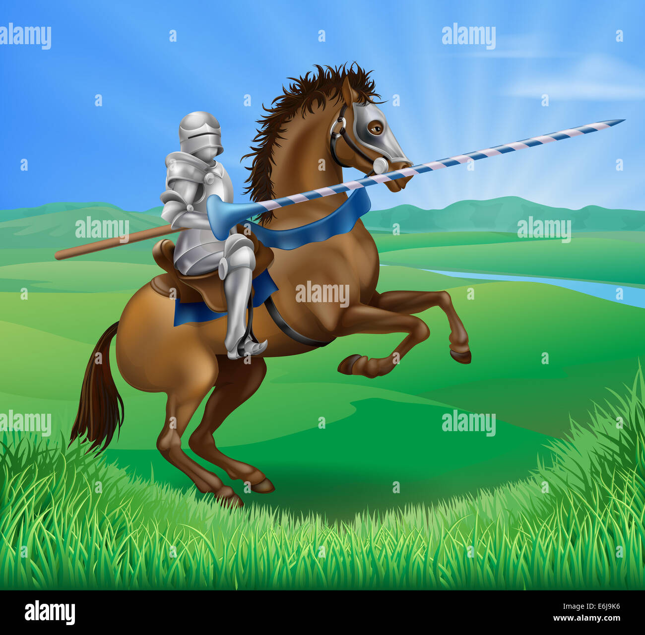 A blue medieval knight in armor riding on horseback on a brown horse ...
