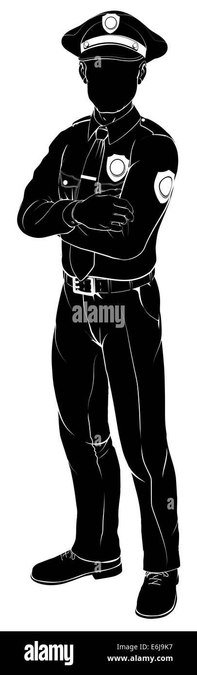 An illustration of a policeman or police officer standing with arms folded in silhouette Stock Photo