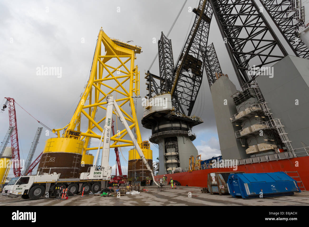 The Swire Blue Ocean jack up-vessel at Aalborg East Harbour loading a suction bucket jacket. Stock Photo