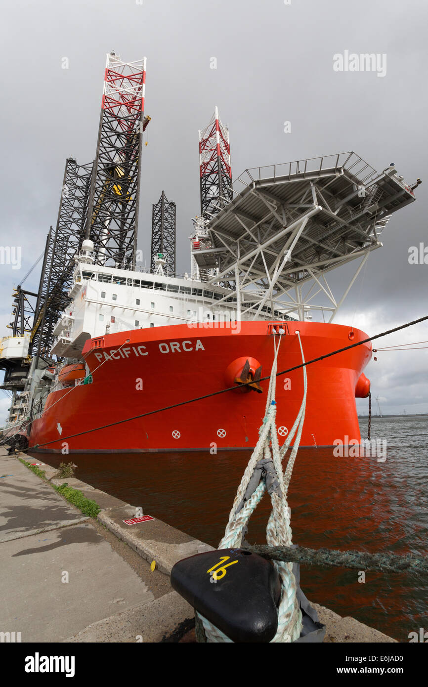 The Swire Blue Ocean jack up-vessel at Aalborg East Harbour. Stock Photo