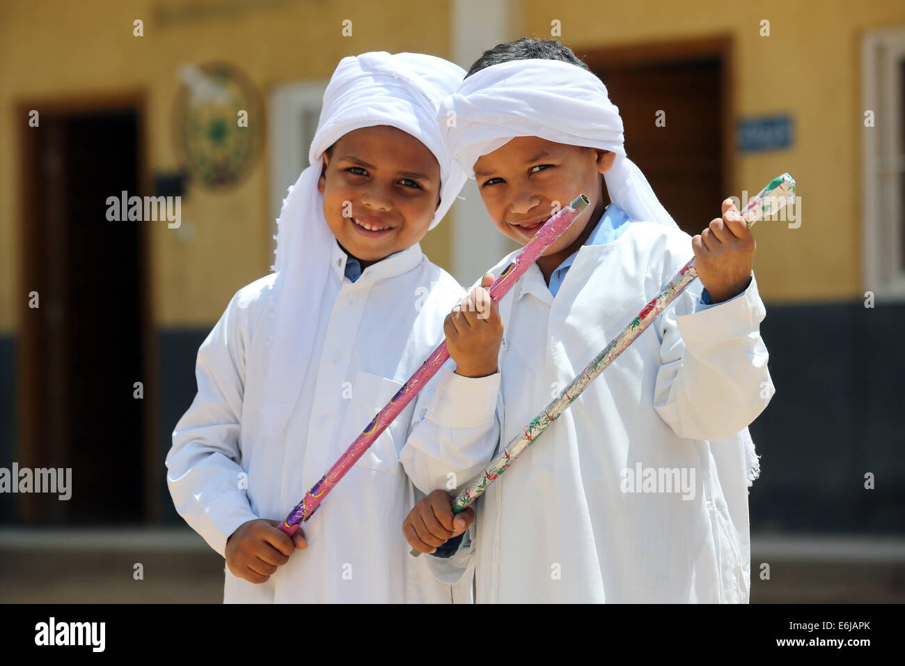 Boys of a Secondary School perform traditional dances. Assiut, Egypt Stock Photo